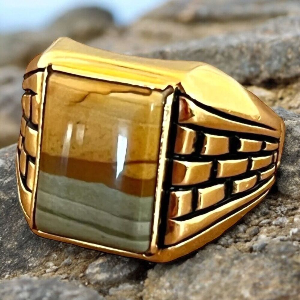 Vintage 1960s Clark & Coombs Jasper Ring Size 9.5 18K Gold Plate - 14A